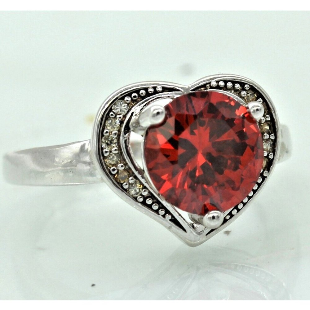 925 Sterling Heart Ring, Red Ruby Gemstone Size 8 - image 1